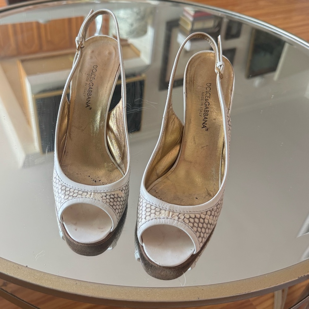 Dolce & Gabbana White Natural Snakeskin Peep-Toe Slingback Heels